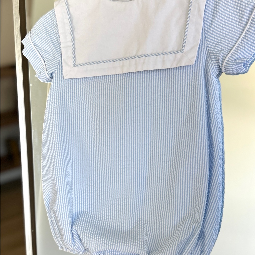 The Beaufort Bonnet Company white and blue Sears sucker bubble Baby Outfit